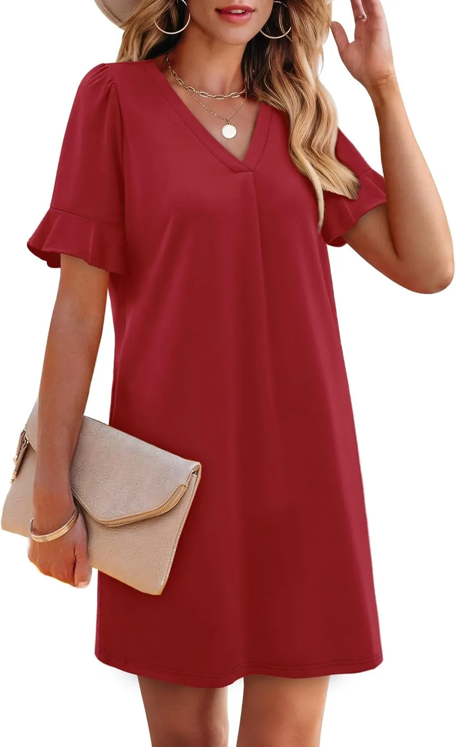 OFEEFAN Summer Dresses for Women Ruffle Short Sleeve V Neck Casual Shift Dress with Pockets