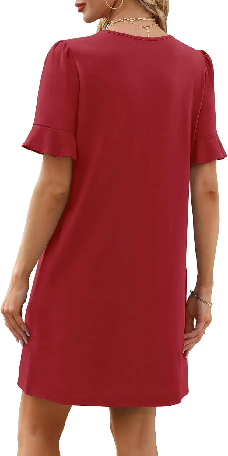 OFEEFAN Summer Dresses for Women Ruffle Short Sleeve V Neck Casual Shift Dress with Pockets