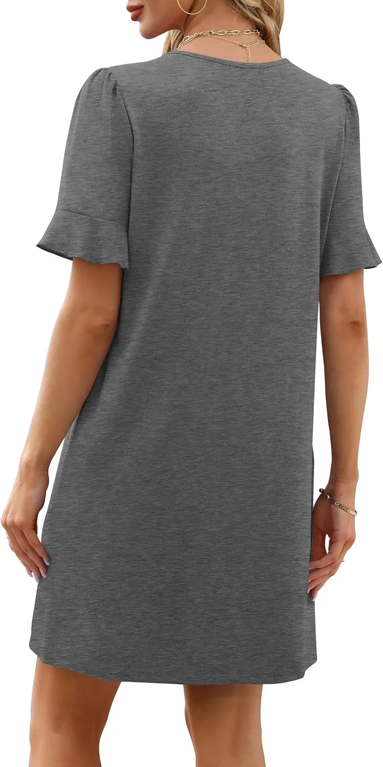OFEEFAN Summer Dresses for Women Ruffle Short Sleeve V Neck Casual Shift Dress with Pockets