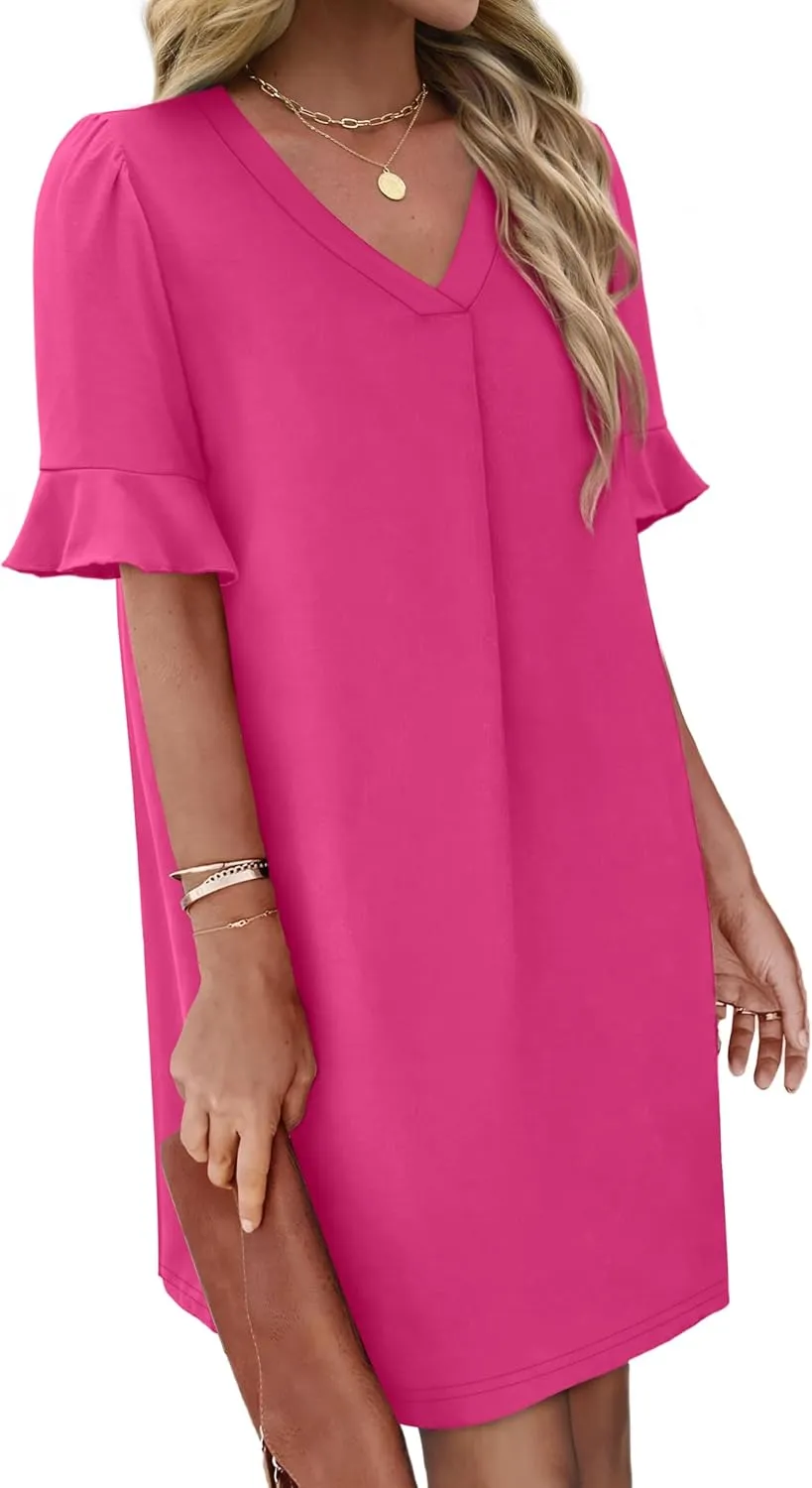 OFEEFAN Summer Dresses for Women Ruffle Short Sleeve V Neck Casual Shift Dress with Pockets