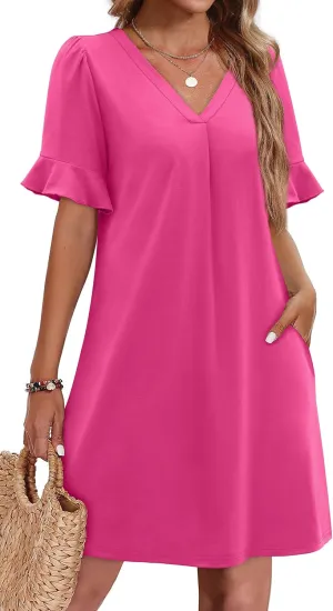 OFEEFAN Summer Dresses for Women Ruffle Short Sleeve V Neck Casual Shift Dress with Pockets