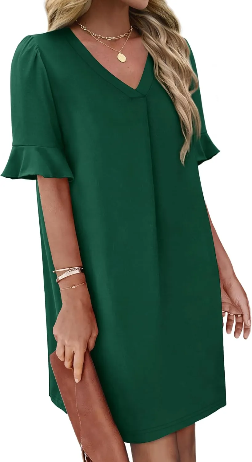 OFEEFAN Summer Dresses for Women Ruffle Short Sleeve V Neck Casual Shift Dress with Pockets