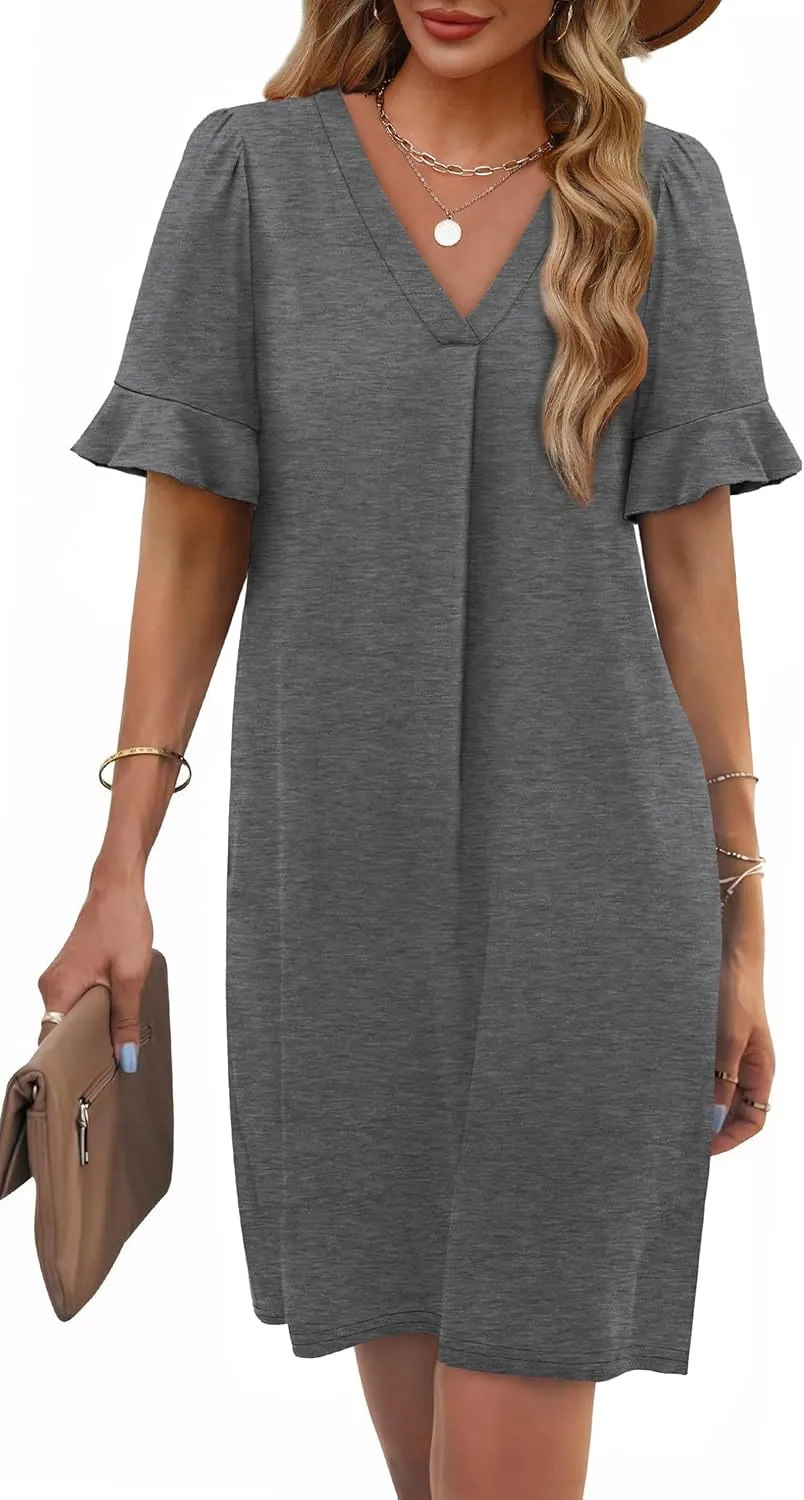 OFEEFAN Summer Dresses for Women Ruffle Short Sleeve V Neck Casual Shift Dress with Pockets