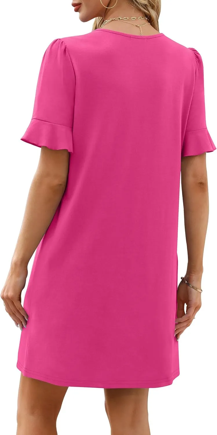 OFEEFAN Summer Dresses for Women Ruffle Short Sleeve V Neck Casual Shift Dress with Pockets