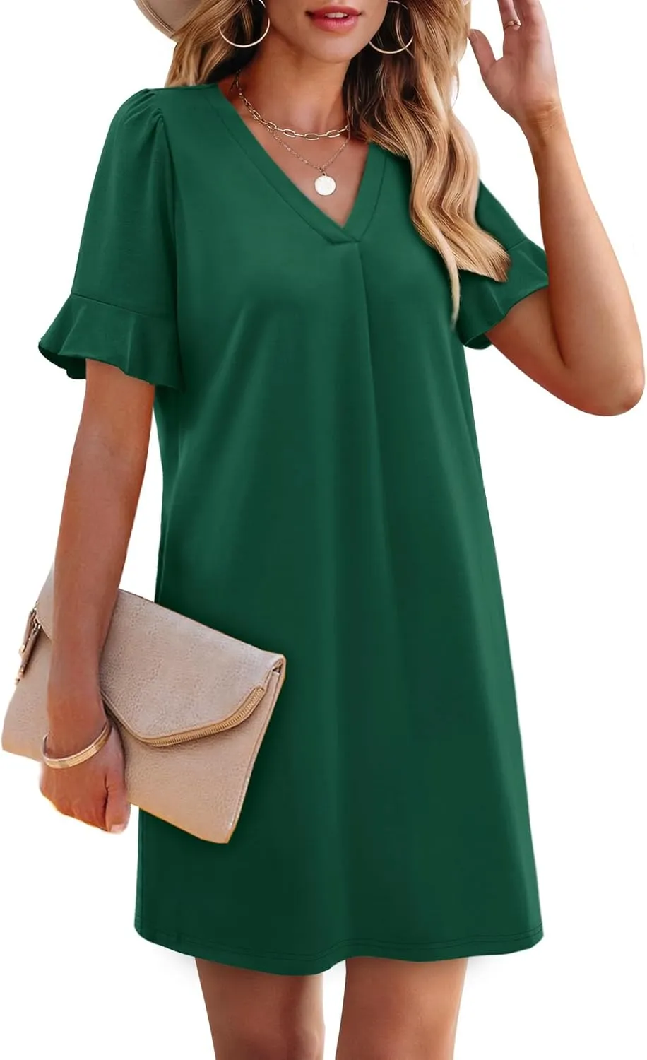 OFEEFAN Summer Dresses for Women Ruffle Short Sleeve V Neck Casual Shift Dress with Pockets