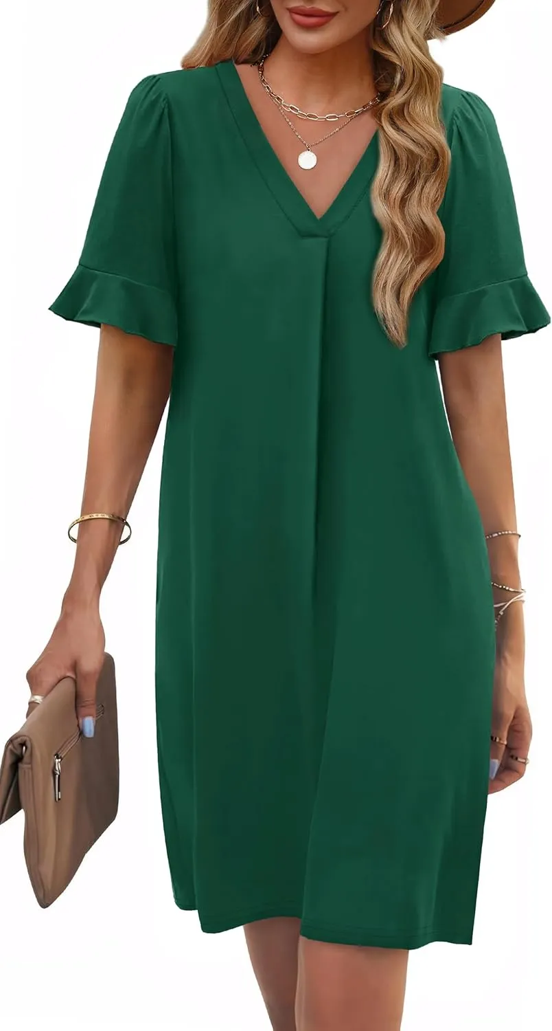 OFEEFAN Summer Dresses for Women Ruffle Short Sleeve V Neck Casual Shift Dress with Pockets