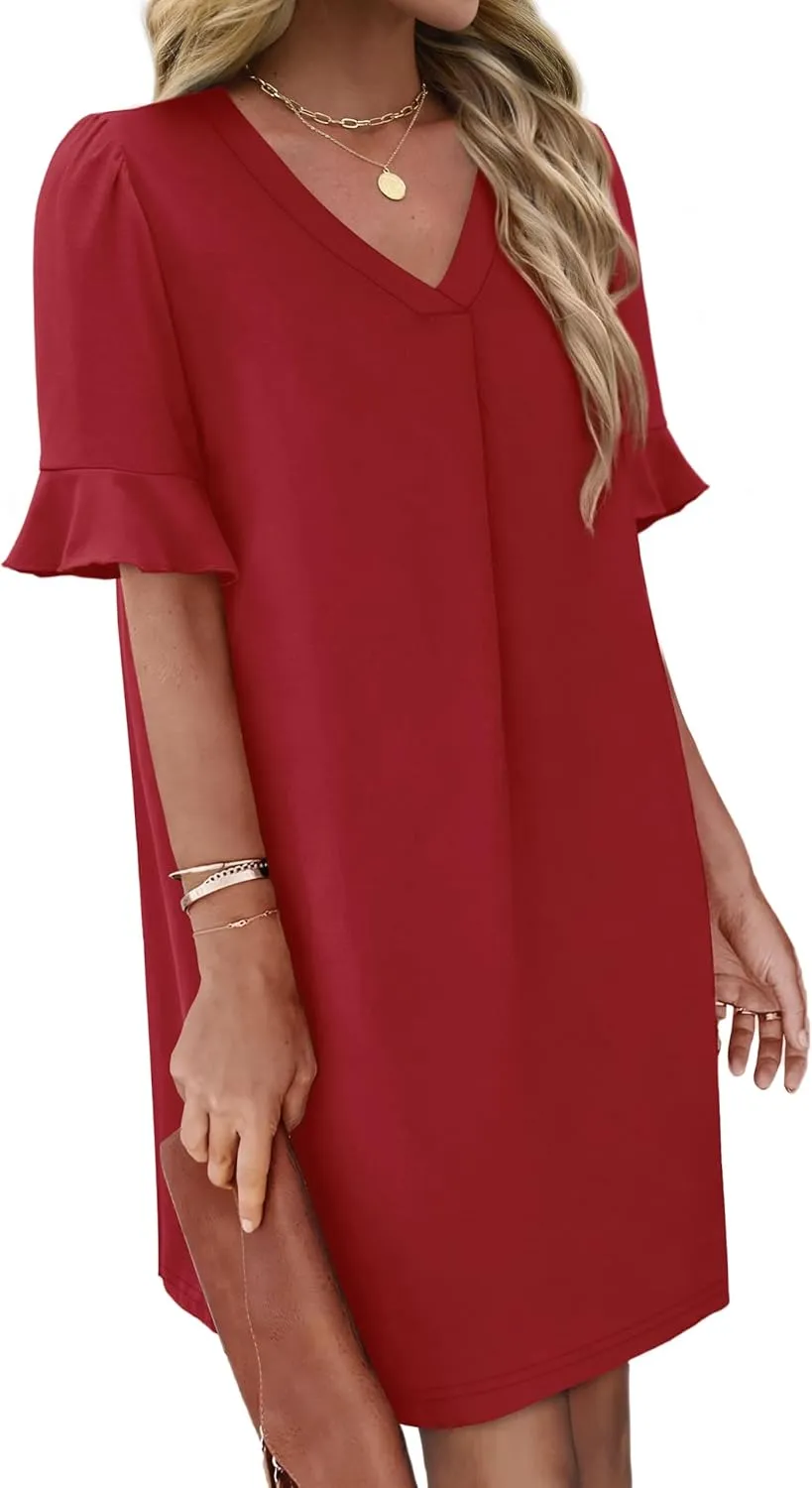OFEEFAN Summer Dresses for Women Ruffle Short Sleeve V Neck Casual Shift Dress with Pockets