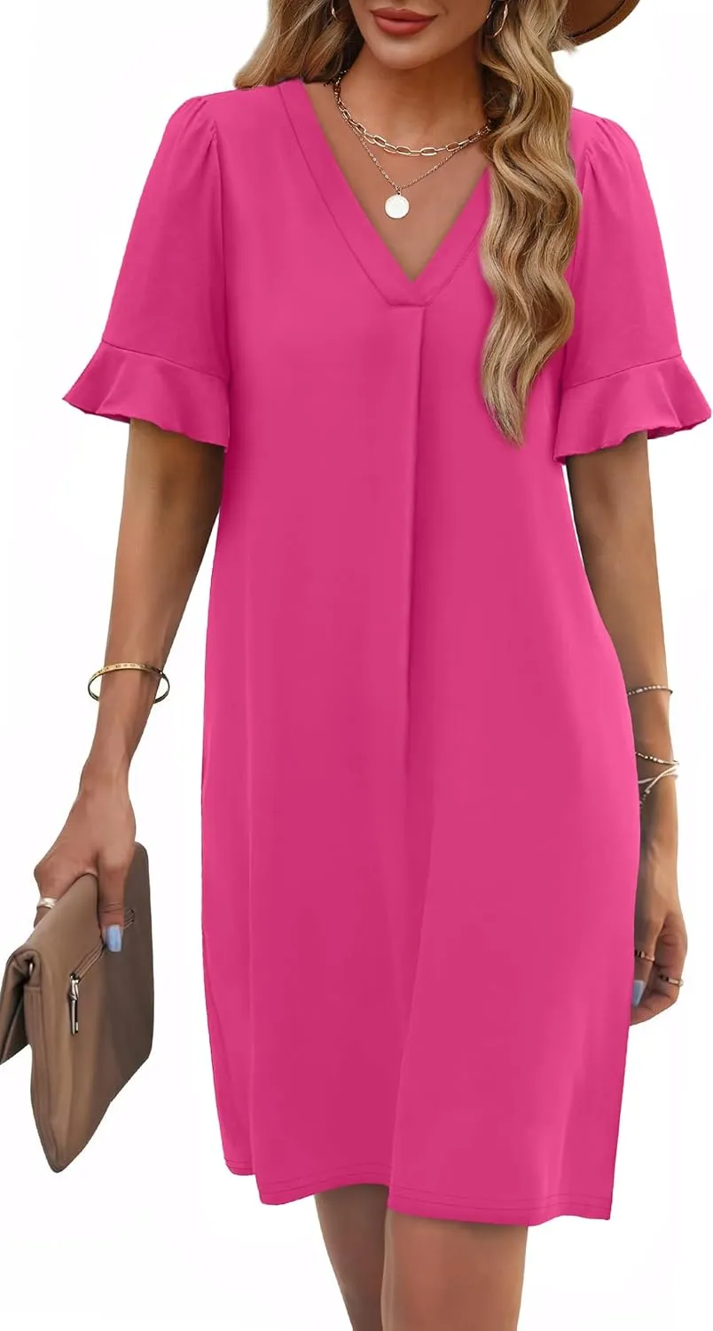 OFEEFAN Summer Dresses for Women Ruffle Short Sleeve V Neck Casual Shift Dress with Pockets