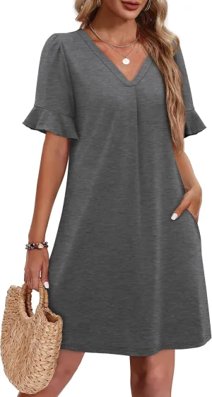 OFEEFAN Summer Dresses for Women Ruffle Short Sleeve V Neck Casual Shift Dress with Pockets