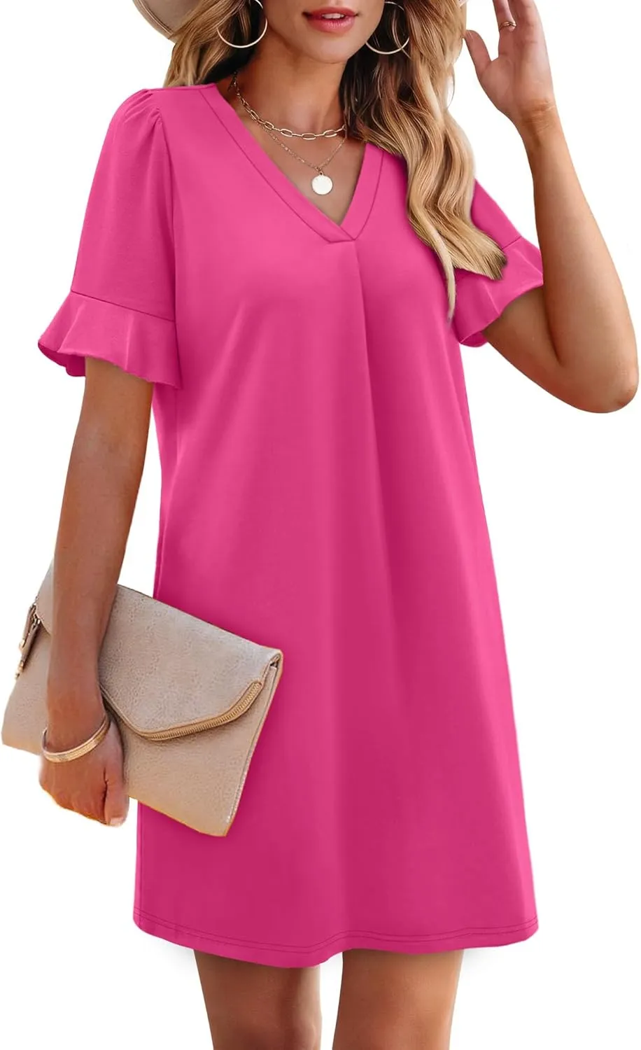 OFEEFAN Summer Dresses for Women Ruffle Short Sleeve V Neck Casual Shift Dress with Pockets