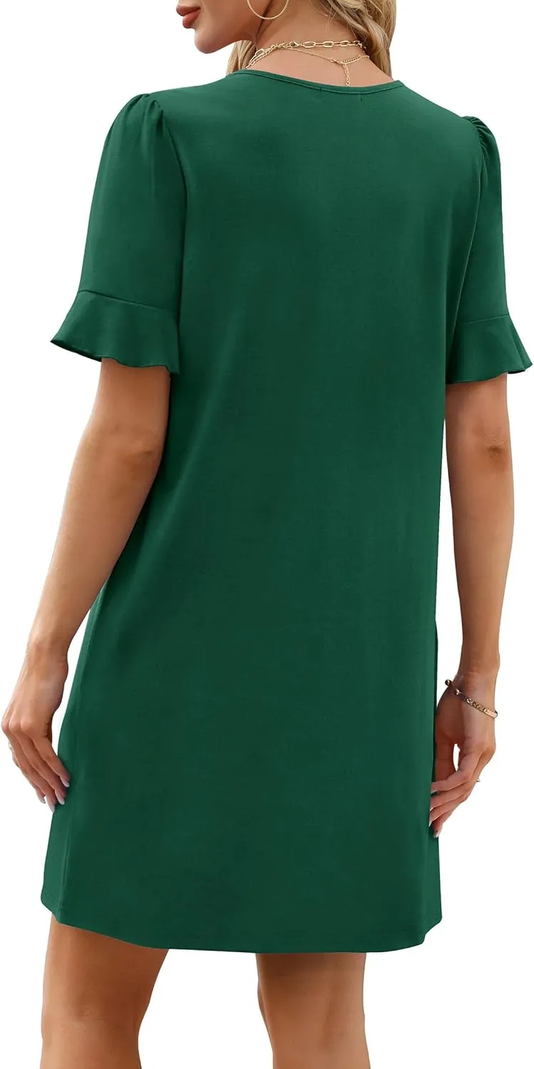 OFEEFAN Summer Dresses for Women Ruffle Short Sleeve V Neck Casual Shift Dress with Pockets