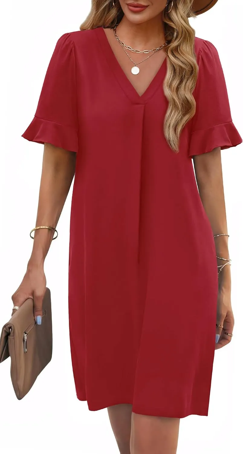 OFEEFAN Summer Dresses for Women Ruffle Short Sleeve V Neck Casual Shift Dress with Pockets