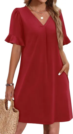 OFEEFAN Summer Dresses for Women Ruffle Short Sleeve V Neck Casual Shift Dress with Pockets