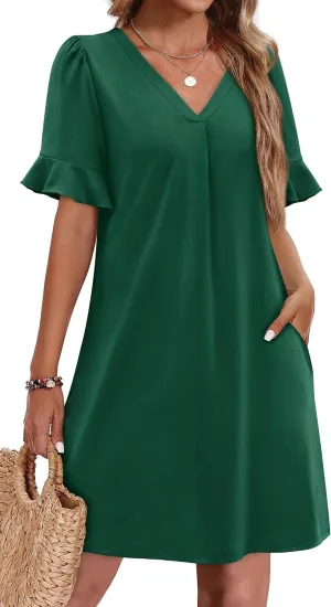 OFEEFAN Summer Dresses for Women Ruffle Short Sleeve V Neck Casual Shift Dress with Pockets