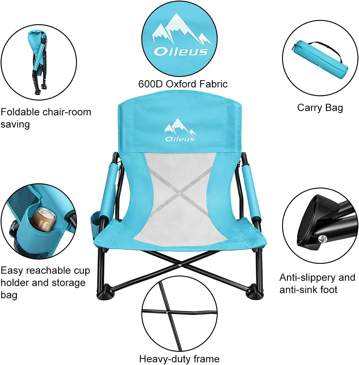 Oileus Low Beach Chair for Beach Tent/Shelter/Camping/Outdoor Ultralight Backpacking Folding Recliner Chairs with Cup Holder/Storage Bag, Carry Bag, Breeze Mesh Back, Compact Duty 2 Pcs