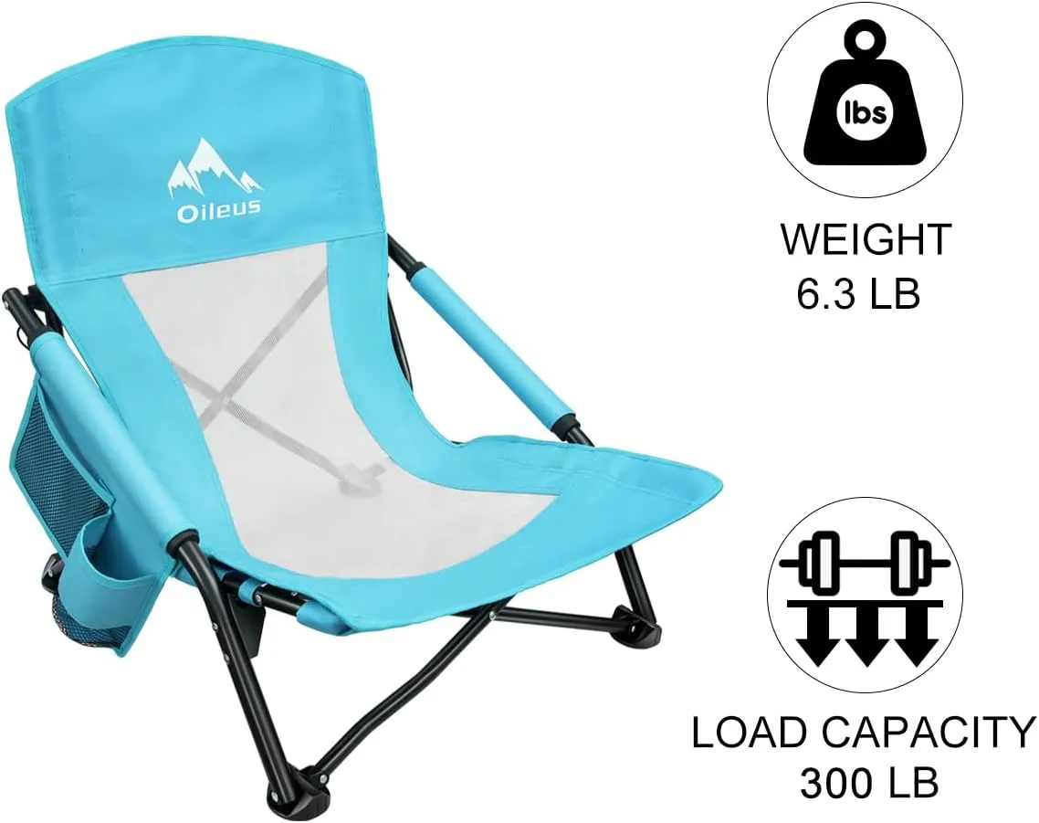 Oileus Low Beach Chair for Beach Tent/Shelter/Camping/Outdoor Ultralight Backpacking Folding Recliner Chairs with Cup Holder/Storage Bag, Carry Bag, Breeze Mesh Back, Compact Duty 2 Pcs