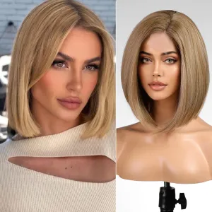 Ombre Blonde Short Bob Wigs,Ash Blonde Straight Shoulder Length Wigs for Women,Middle Part Heat Resistant Fibre Synthetic Wig Daily Use 16IN…