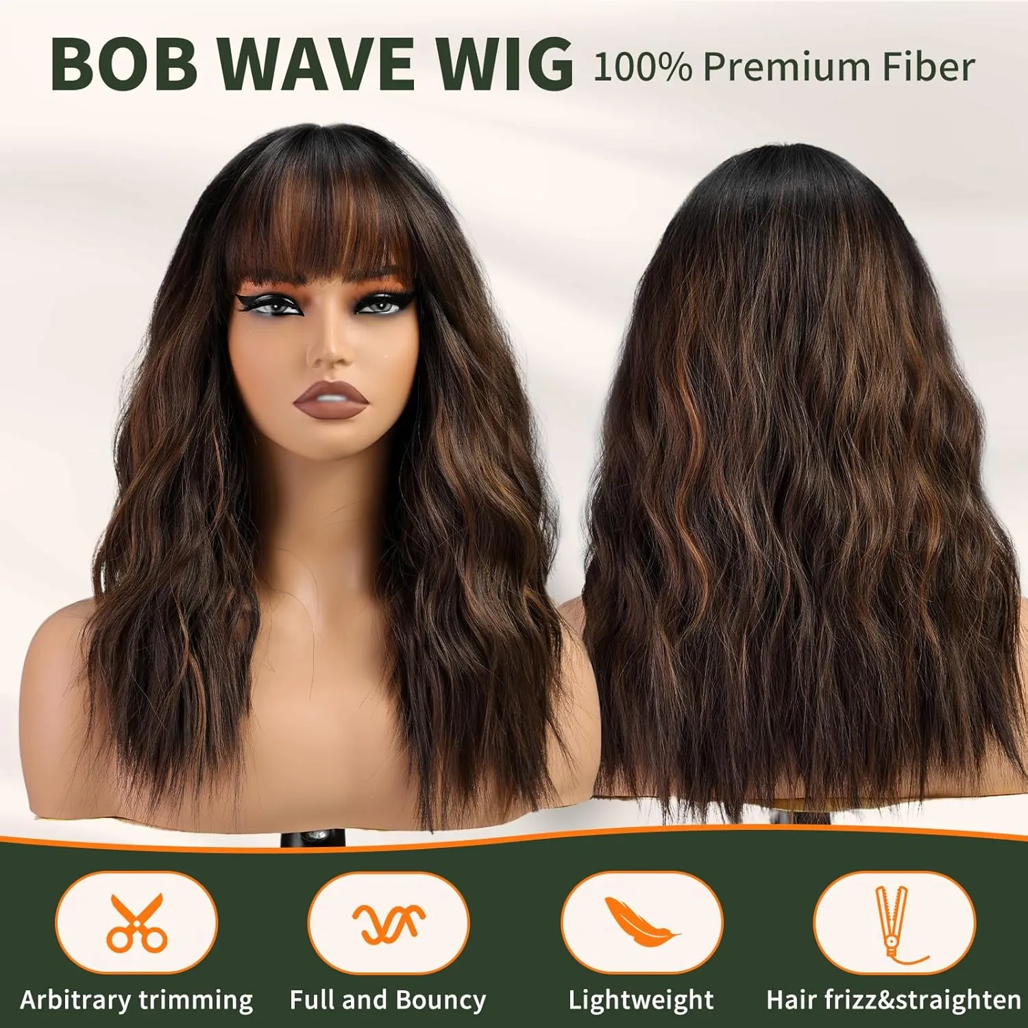 Ombre Brown Wig with Bangs,Brown mix Blonde Highlight Wavy Wigs for Women,Shoulder Length Curly Synthetic Hair Wig for Party Daily Use 18IN…
