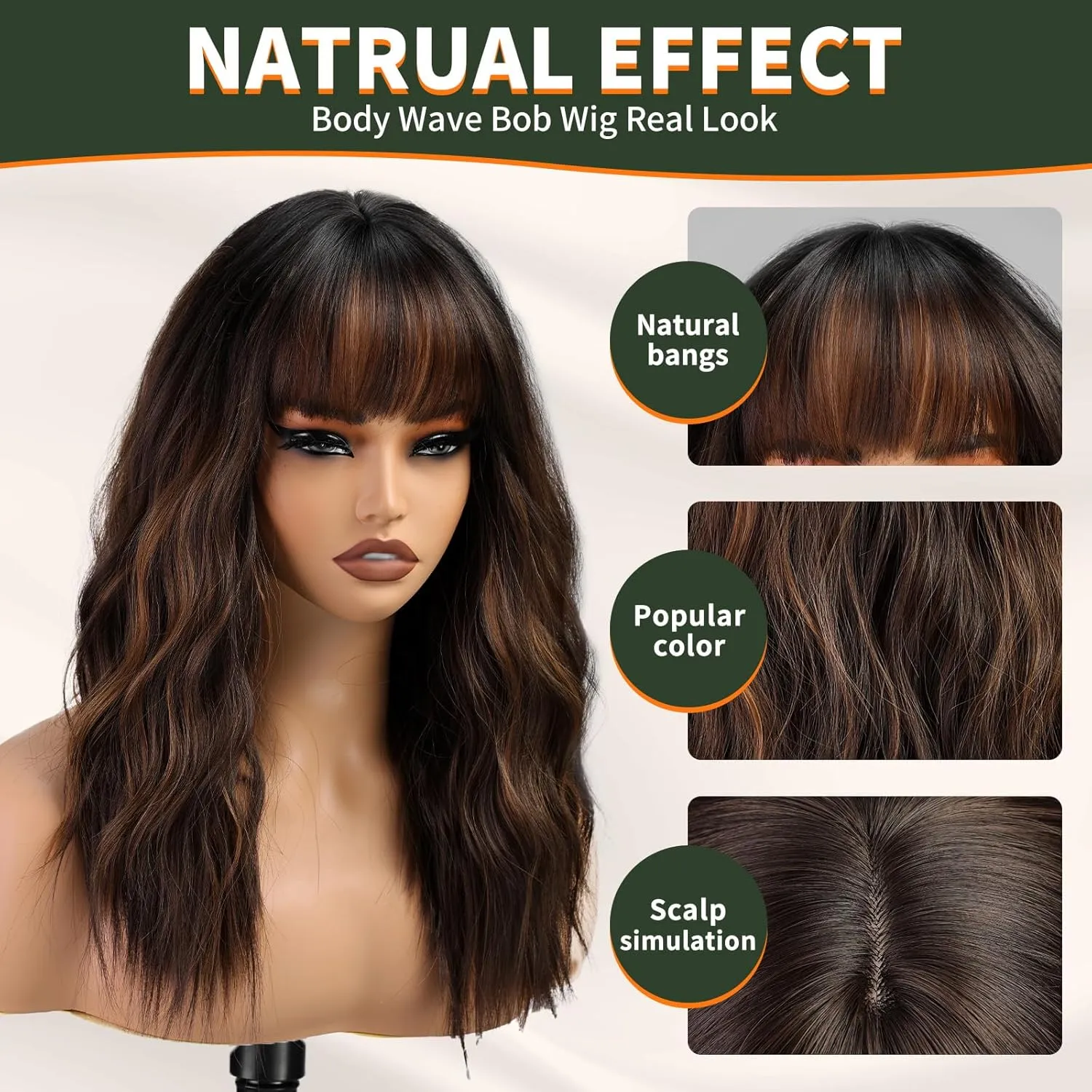 Ombre Brown Wig with Bangs,Brown mix Blonde Highlight Wavy Wigs for Women,Shoulder Length Curly Synthetic Hair Wig for Party Daily Use 18IN…