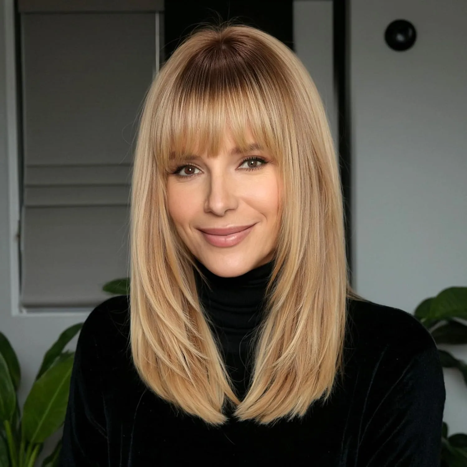 Ombre Light Brown 16inch Human Hair Wigs for Women Shoulder Length Layered Real Hair Wig with Natural Look and Bangs