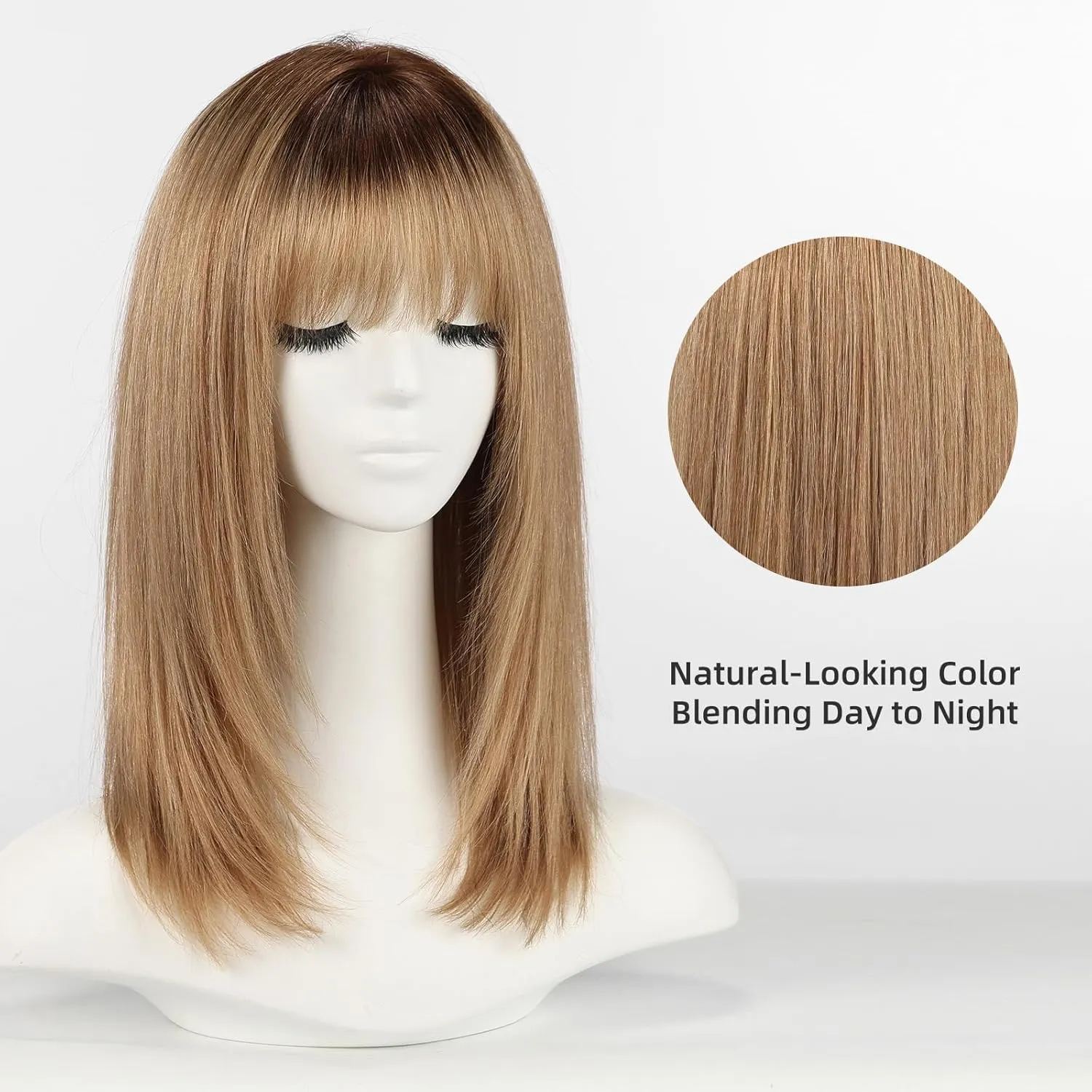 Ombre Light Brown 16inch Human Hair Wigs for Women Shoulder Length Layered Real Hair Wig with Natural Look and Bangs