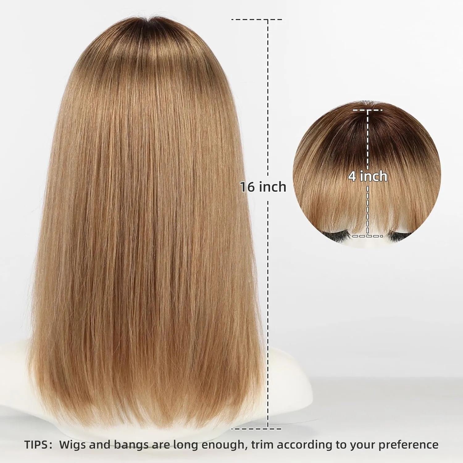 Ombre Light Brown 16inch Human Hair Wigs for Women Shoulder Length Layered Real Hair Wig with Natural Look and Bangs