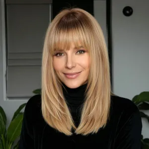 Ombre Light Brown 16inch Human Hair Wigs for Women Shoulder Length Layered Real Hair Wig with Natural Look and Bangs
