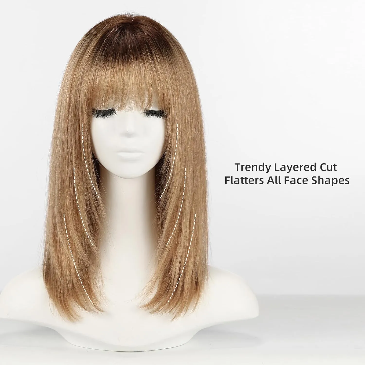 Ombre Light Brown 16inch Human Hair Wigs for Women Shoulder Length Layered Real Hair Wig with Natural Look and Bangs