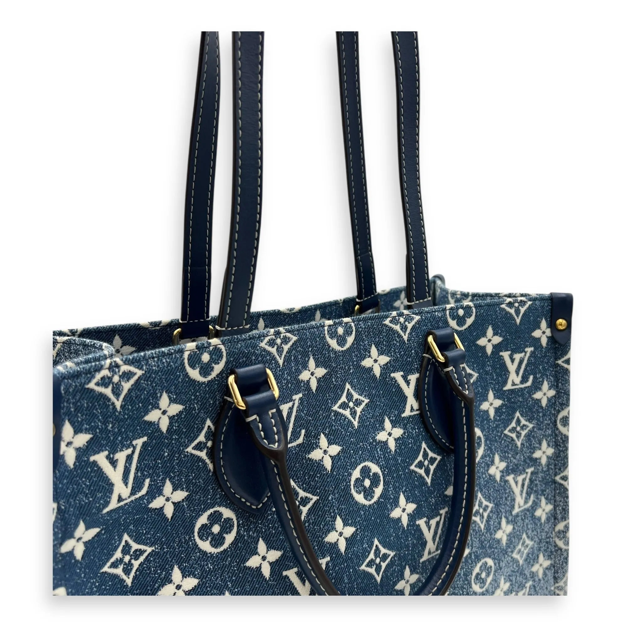 OnTheGo Tote Bag Blue in Denim, Gold hardware