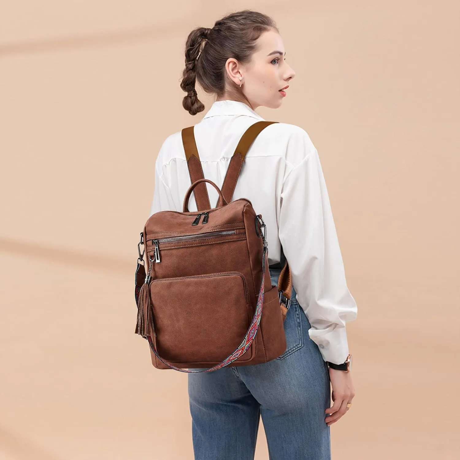 OPAGE Leather Backpack Purse for Women Fashion Tassel Ladies Shoulder Bags Designer Large Travel Backpack Bags