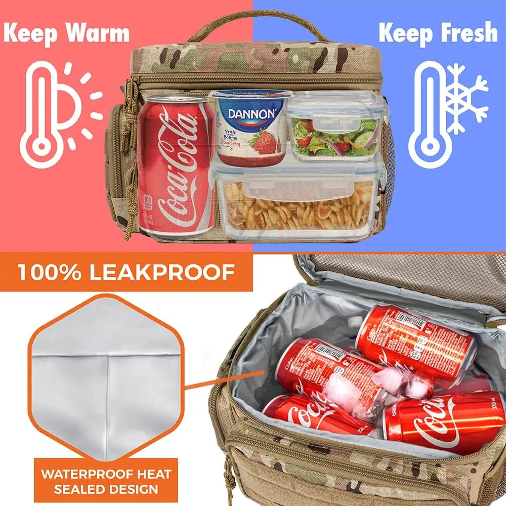 OPUX Tactical Lunch Box for Men, Camo Mens Insulated Lunch Bag for Adult, Leakproof Soft Lunch Cooler with MOLLE Mesh Side Pockets, Multicam Heavy Duty Lunchbox Pail for Work Women, Medium 10 Cans