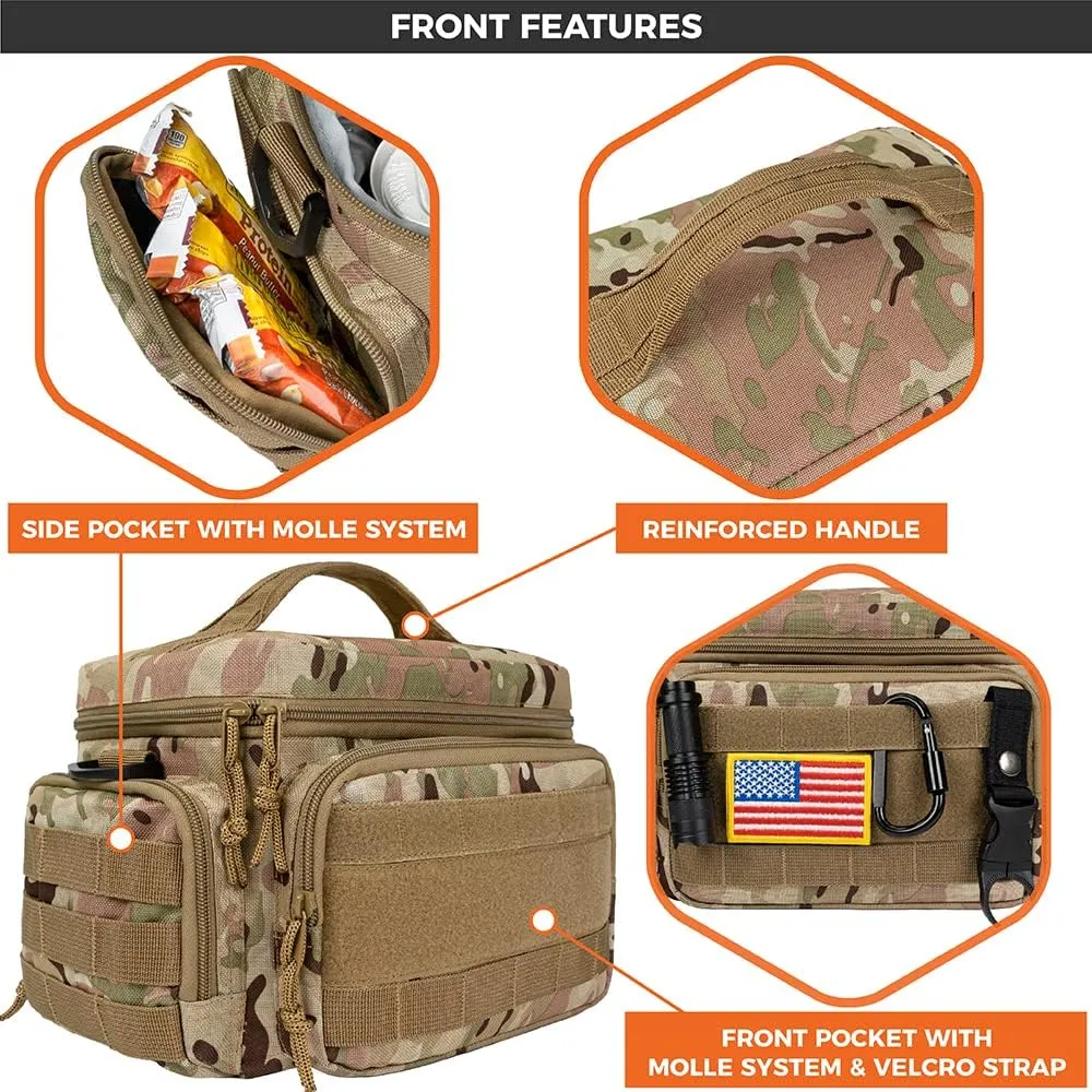 OPUX Tactical Lunch Box for Men, Camo Mens Insulated Lunch Bag for Adult, Leakproof Soft Lunch Cooler with MOLLE Mesh Side Pockets, Multicam Heavy Duty Lunchbox Pail for Work Women, Medium 10 Cans