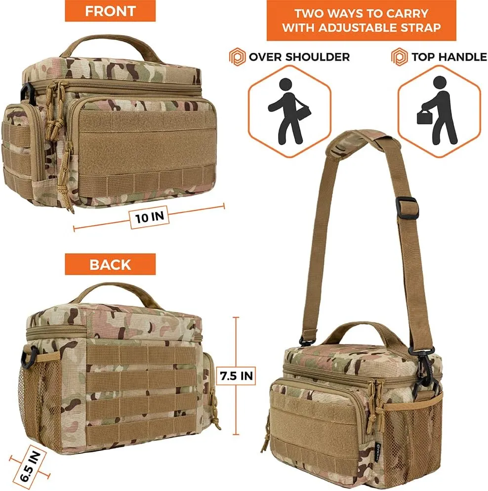 OPUX Tactical Lunch Box for Men, Camo Mens Insulated Lunch Bag for Adult, Leakproof Soft Lunch Cooler with MOLLE Mesh Side Pockets, Multicam Heavy Duty Lunchbox Pail for Work Women, Medium 10 Cans