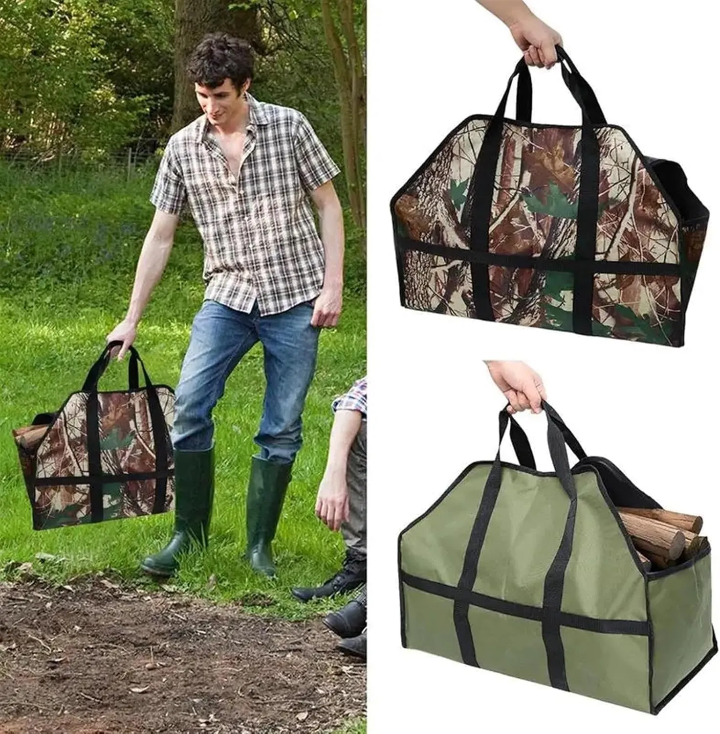 Outdoor Storage Bag,Log Tote Bag, Large Capacity Firewood Carrier Bag Log Tote Woodpile Rack Carrying Wood Holder with Handles ForPicnic Camping Outdoor(Camouflage)