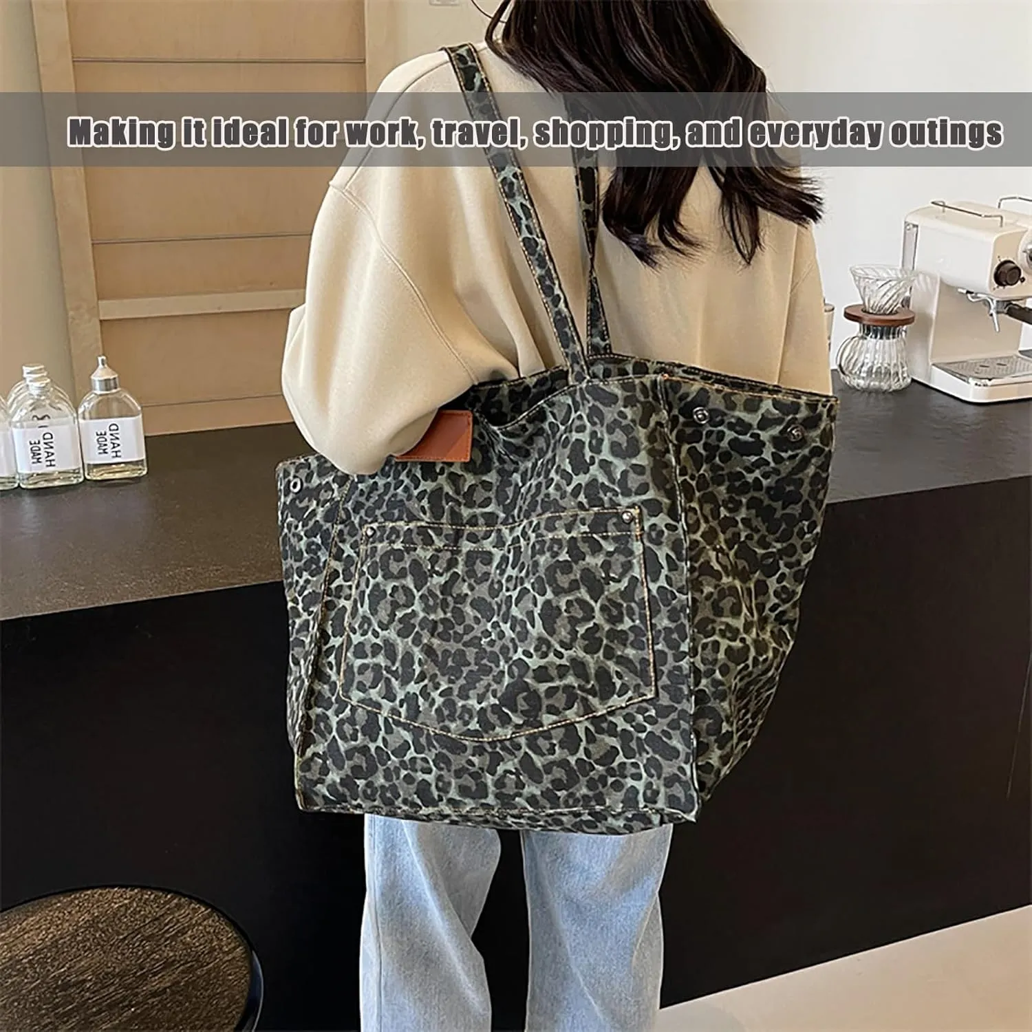Oversized Leopard Print Shoulder Bags for Women, Soft Beach Tote Purse Handbag Canvas Large Capacity Travel Shopping Satchel