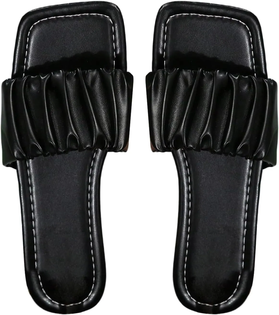 OYOANGLE Women's PU Leather Open Square Toe Flat Sandal Ruched Summer Casual Slip On Slides
