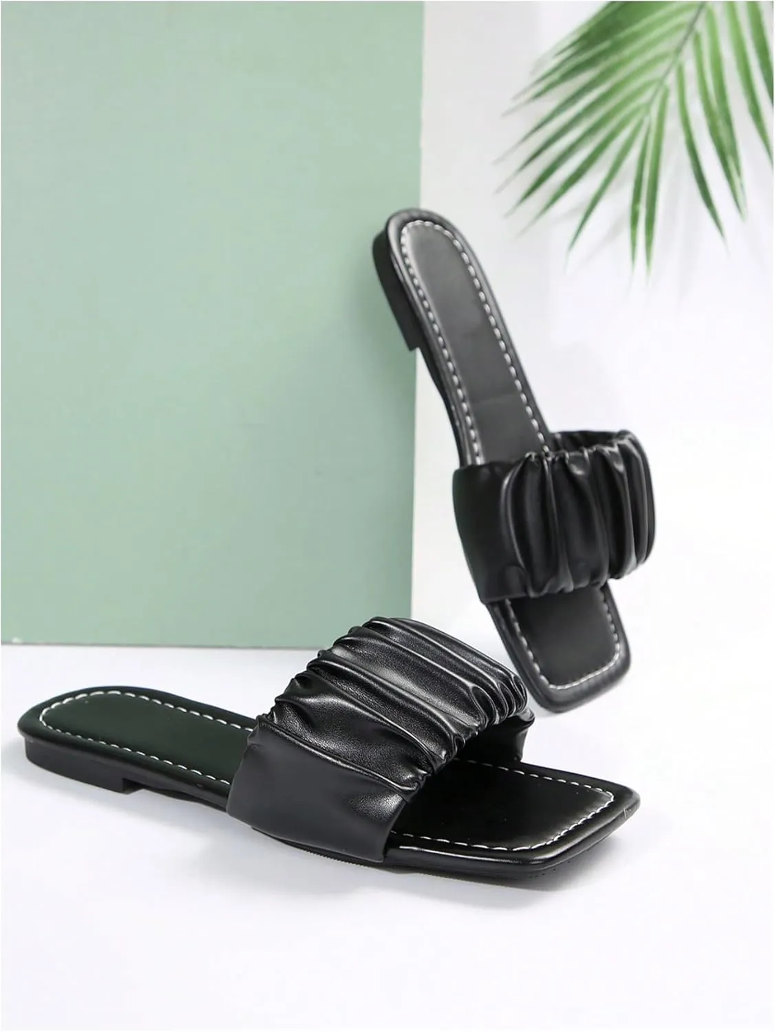 OYOANGLE Women's PU Leather Open Square Toe Flat Sandal Ruched Summer Casual Slip On Slides