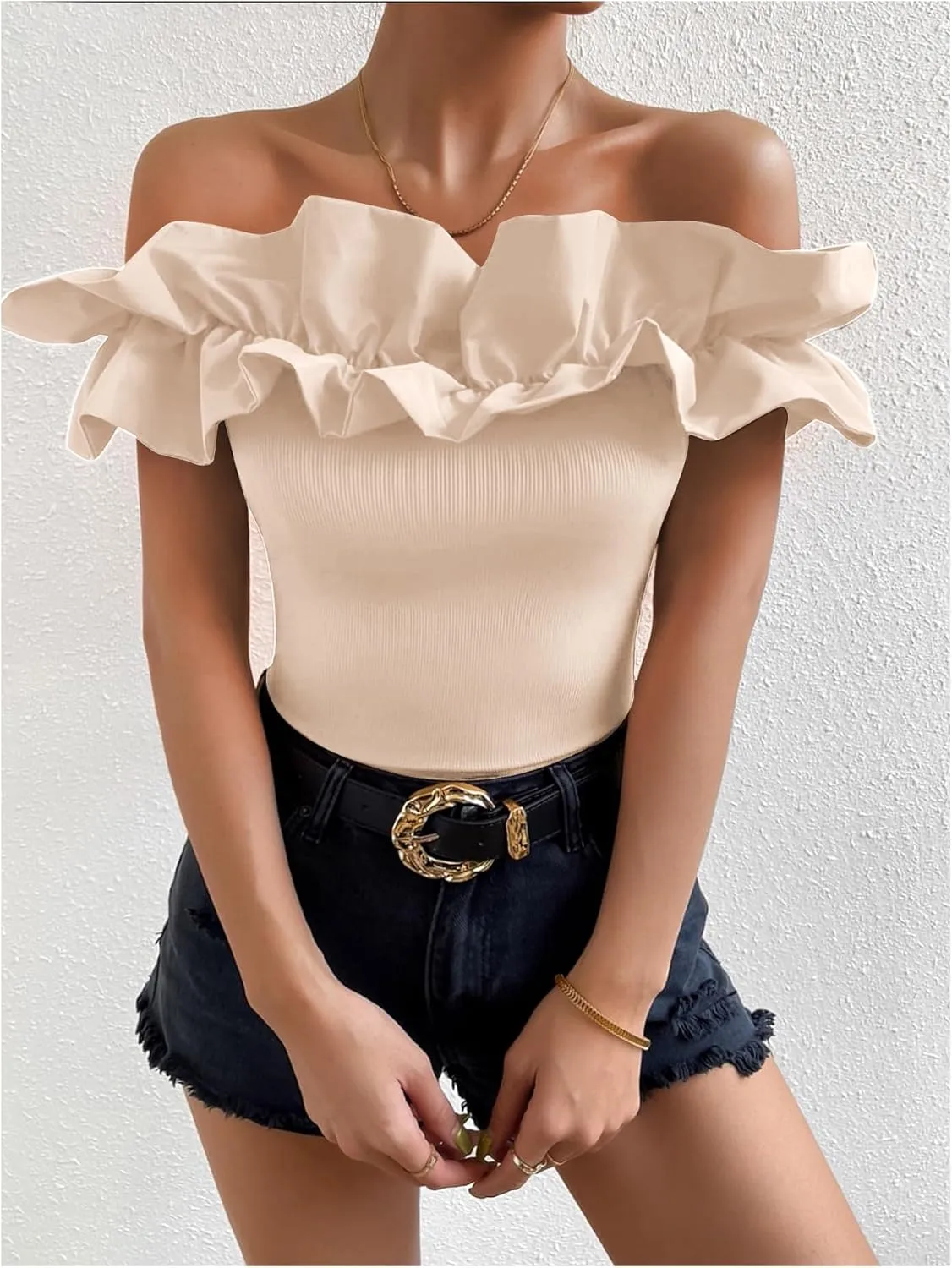OYOANGLE Women's Ruffle Trim Off Shoulder Short Sleeve Blouse Party Tops Shirt