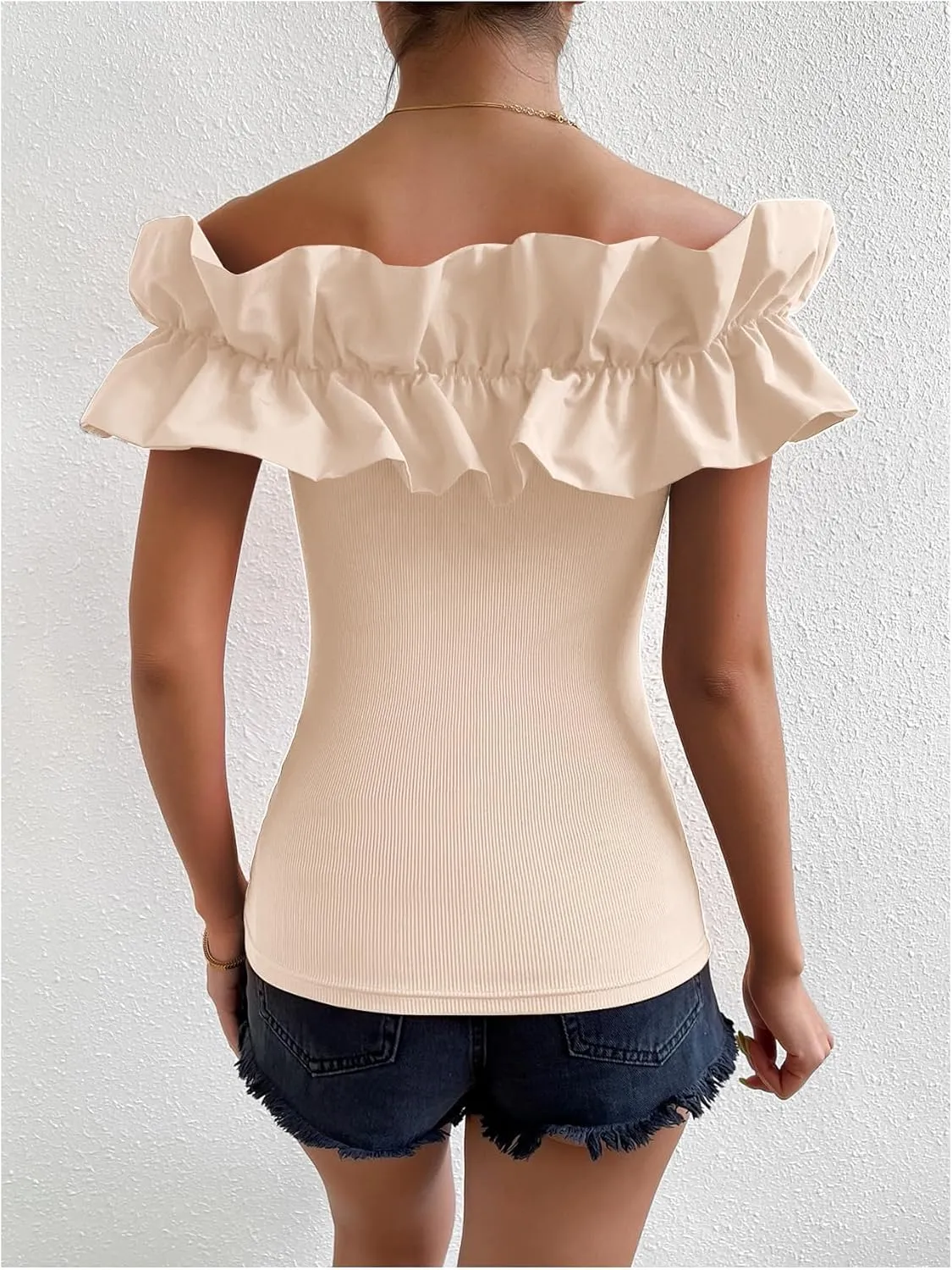 OYOANGLE Women's Ruffle Trim Off Shoulder Short Sleeve Blouse Party Tops Shirt