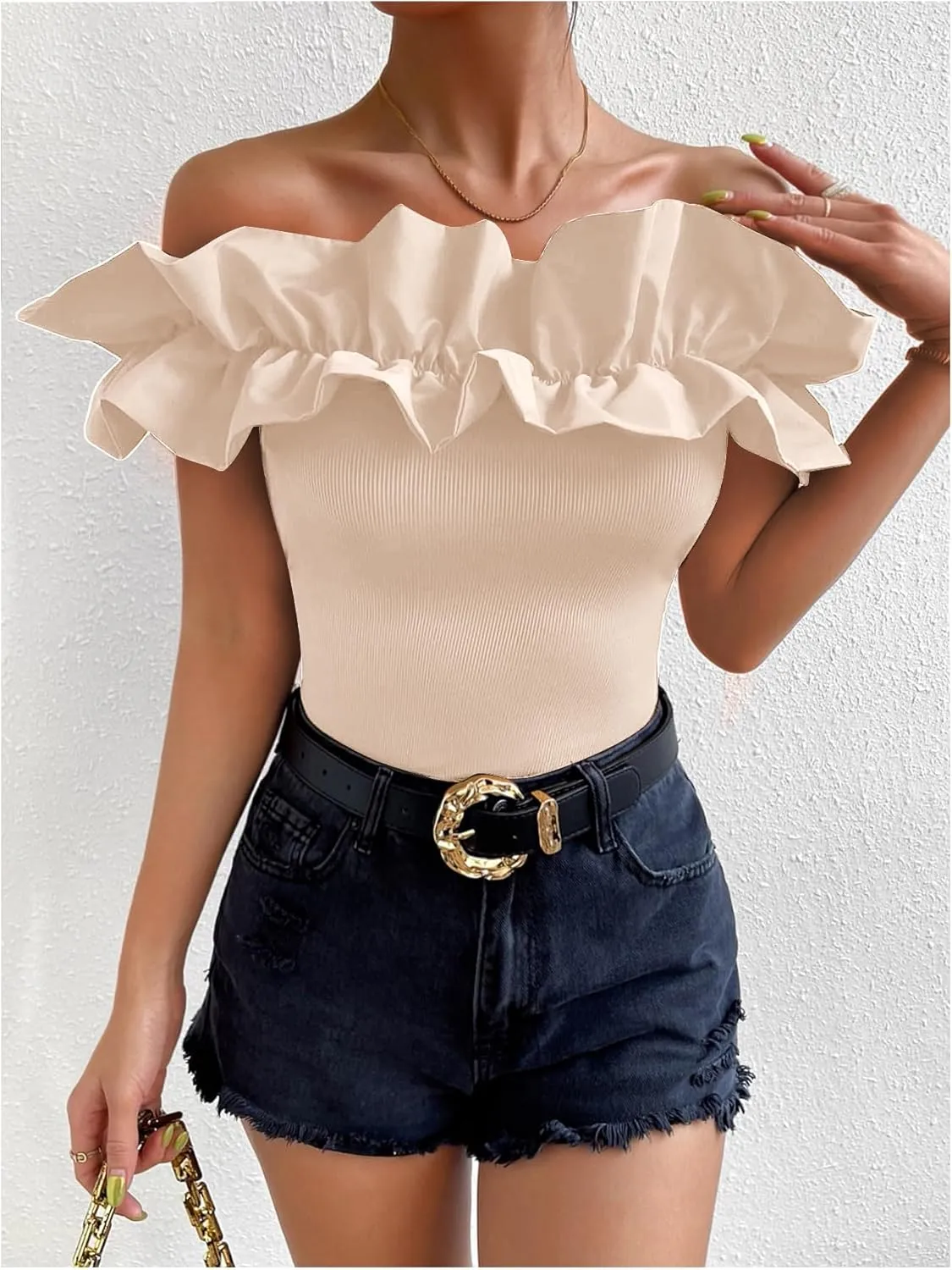 OYOANGLE Women's Ruffle Trim Off Shoulder Short Sleeve Blouse Party Tops Shirt