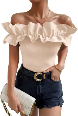 OYOANGLE Women's Ruffle Trim Off Shoulder Short Sleeve Blouse Party Tops Shirt