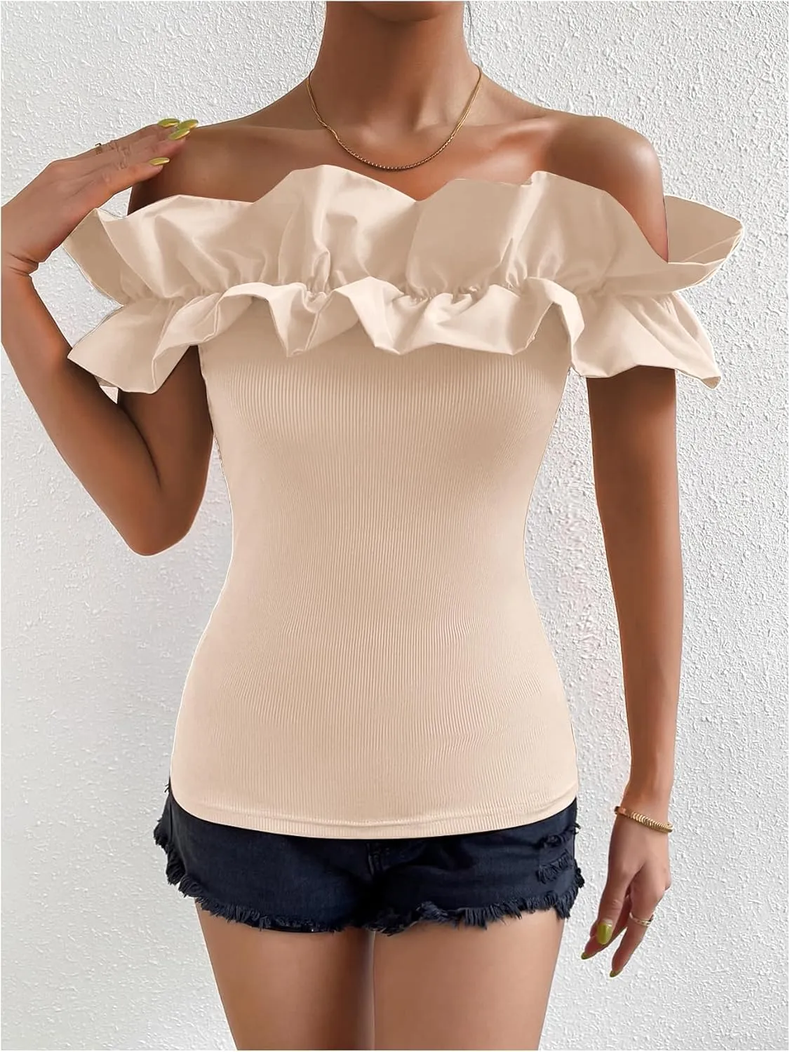 OYOANGLE Women's Ruffle Trim Off Shoulder Short Sleeve Blouse Party Tops Shirt
