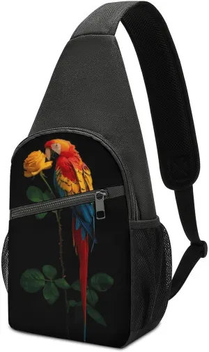 Parrot Bird Rose Flower Crossbody Sling Bags Chest Shoulder Backpack DayPack Handbag