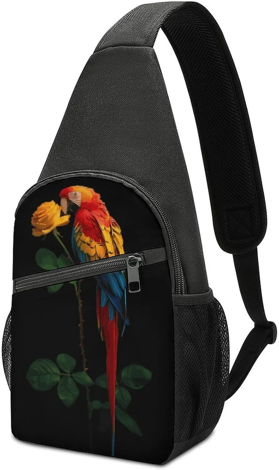 Parrot Bird Rose Flower Crossbody Sling Bags Chest Shoulder Backpack DayPack Handbag