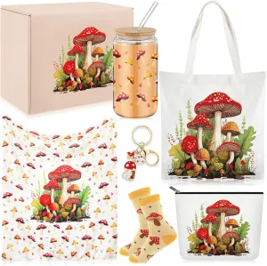 Paterr 6 Pcs Mushroom Themed Gifts for Women Canvas Tote Bag Makeup Bag Print Blanket Socks 16oz Glass Coffee Cup with Straw Cute Keychain For Christmas Birthday Friends Girls Daughters Sister