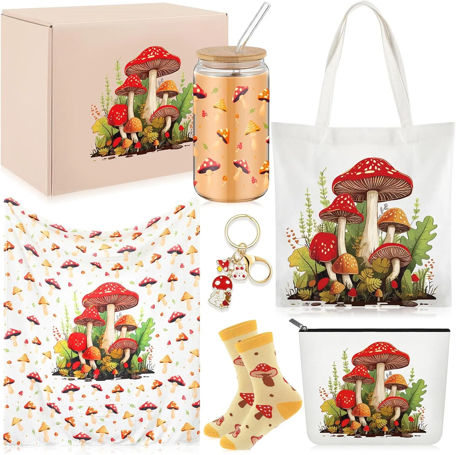 Paterr 6 Pcs Mushroom Themed Gifts for Women Canvas Tote Bag Makeup Bag Print Blanket Socks 16oz Glass Coffee Cup with Straw Cute Keychain For Christmas Birthday Friends Girls Daughters Sister