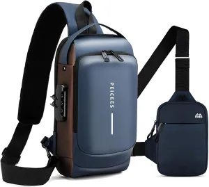 Peicees Pack of 2 Mens Crossbody Bag Man Bags Mens Purse Anti-theft Sling Bag Shoulder Bag Chest Bag, Leather Blue Gold and Mini Dark Blue