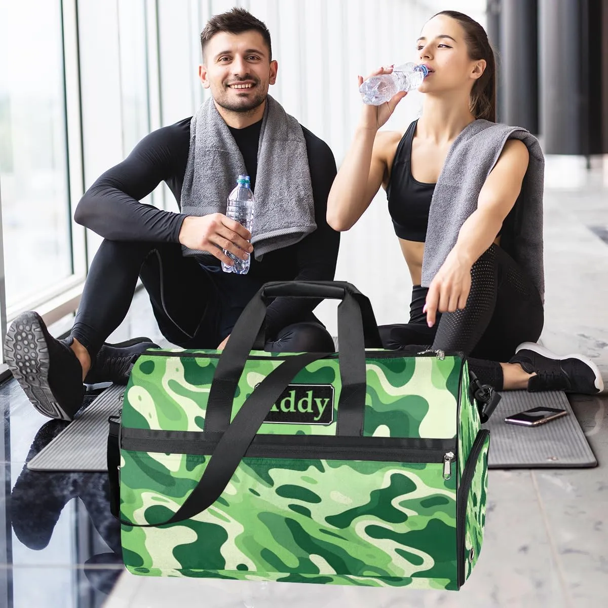 Personalized Camo Army Sport Duffel Bag for Boys Girls Women Men, Custom Name Military Camouflage Gym Duffle Bag with Shoes Compartment Dance Bag Overnight Weekender Bag