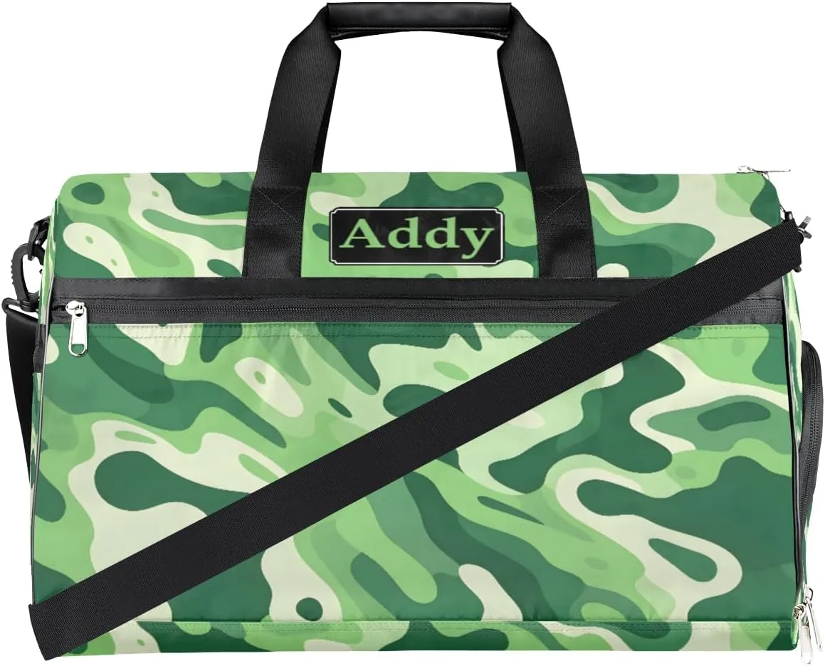 Personalized Camo Army Sport Duffel Bag for Boys Girls Women Men, Custom Name Military Camouflage Gym Duffle Bag with Shoes Compartment Dance Bag Overnight Weekender Bag