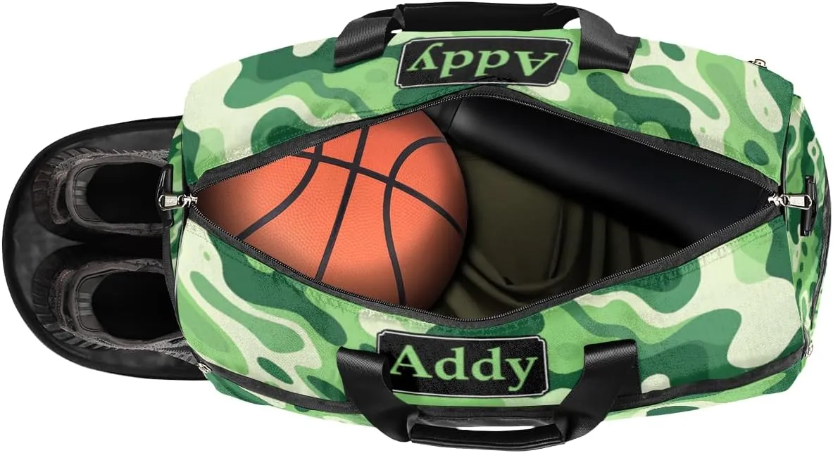 Personalized Camo Army Sport Duffel Bag for Boys Girls Women Men, Custom Name Military Camouflage Gym Duffle Bag with Shoes Compartment Dance Bag Overnight Weekender Bag